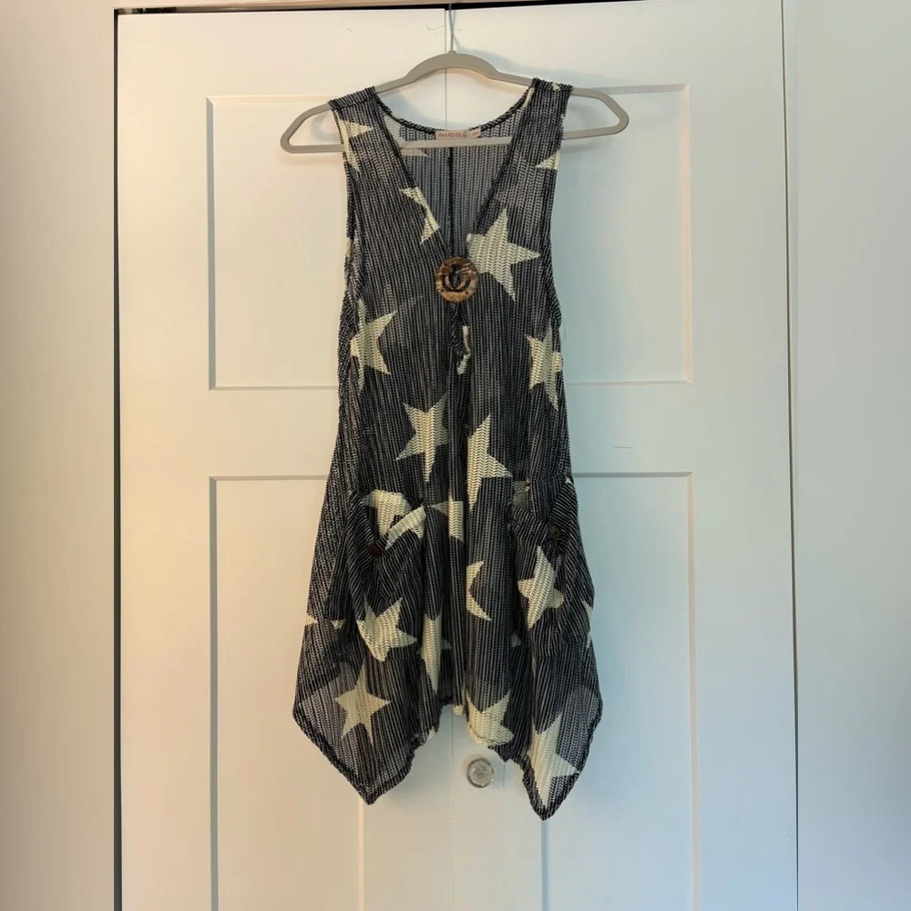 Paradise Slither Away Star Festival Dress Navy Blue Faux Wood Accent Buttons XXL
